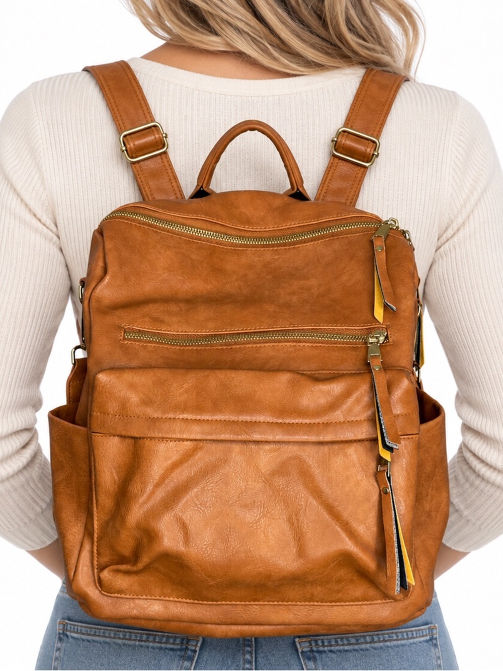 Women's Tan Faux Leather Backpack with Front Pockets